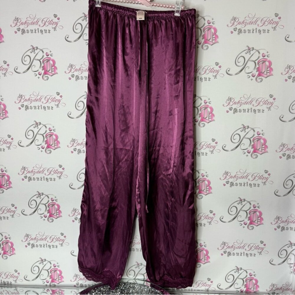 La Vie En Rose pants lace trim bottom purple shiny shimmer Plum Satin Trousers
